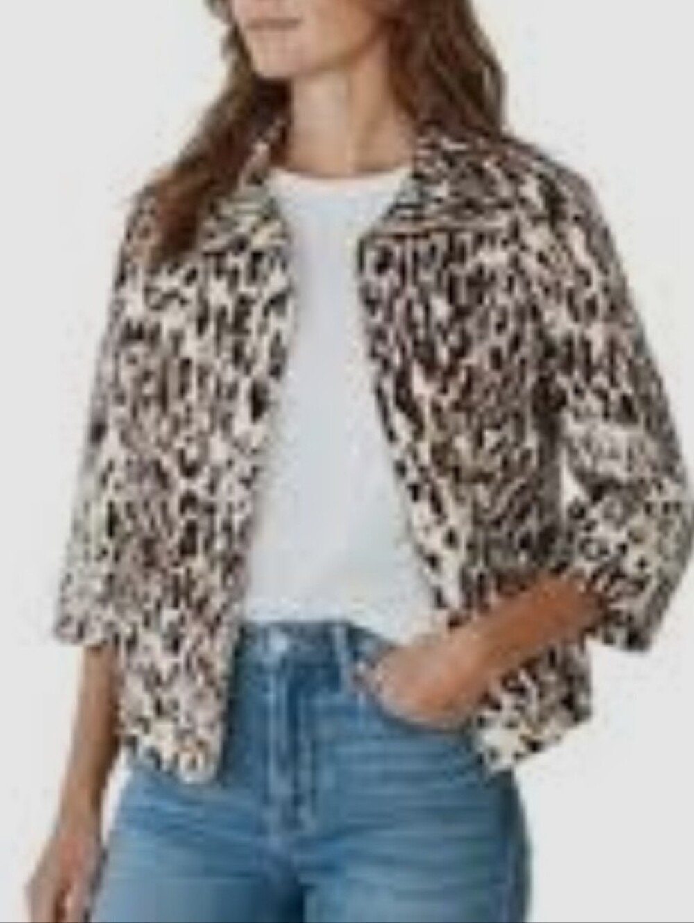 Patrick Christopher Women's Animal-Print Cropped Blazer in Beige & Brown Sz XL